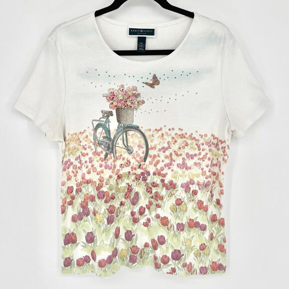 Karen Scott Rhinestone Bicycle in Tulips Tee Size PXL - Picture 2 of 7